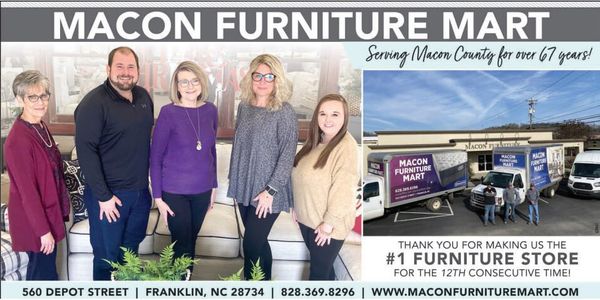 Macon Furniture Mart advertisement featuring a group of five staff members standing inside the store and a photo of the storefront with delivery trucks parked outside. Text reads ‘Serving Macon County for over 67 years!’ and ‘Thank you for making us the #1 furniture store for the 12th consecutive time!’ along with the store’s address, phone number, and website.