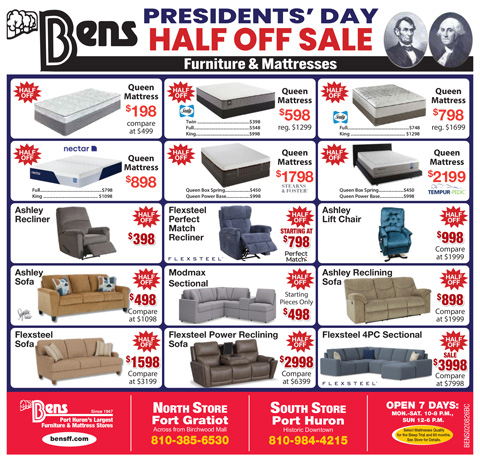 Ben's presidents day half off sale - furniture and mattresses - february 1-28