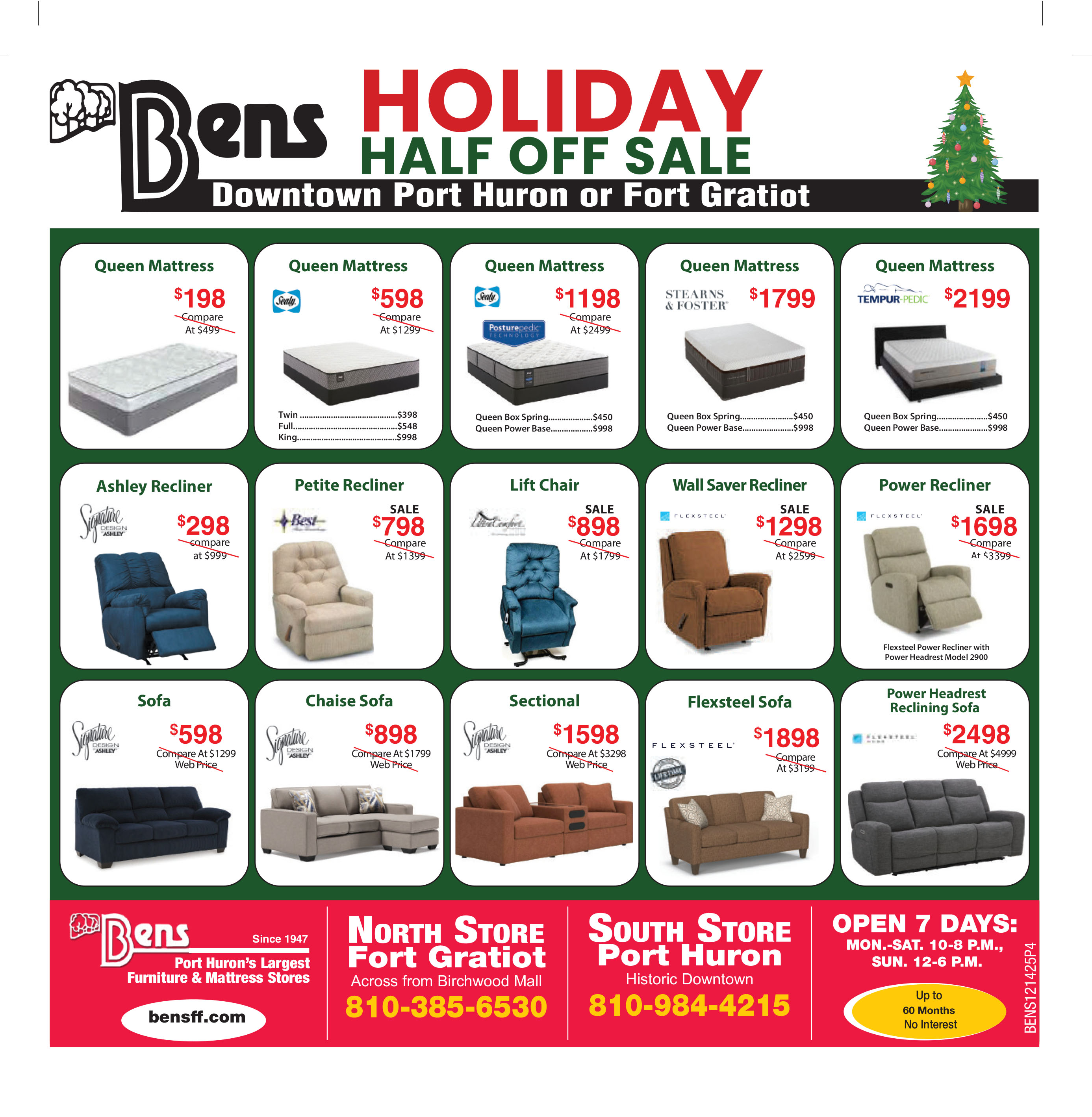 Ben's Holiday Half Off Sale. Sales on mattresses and furniture - December 2-25
