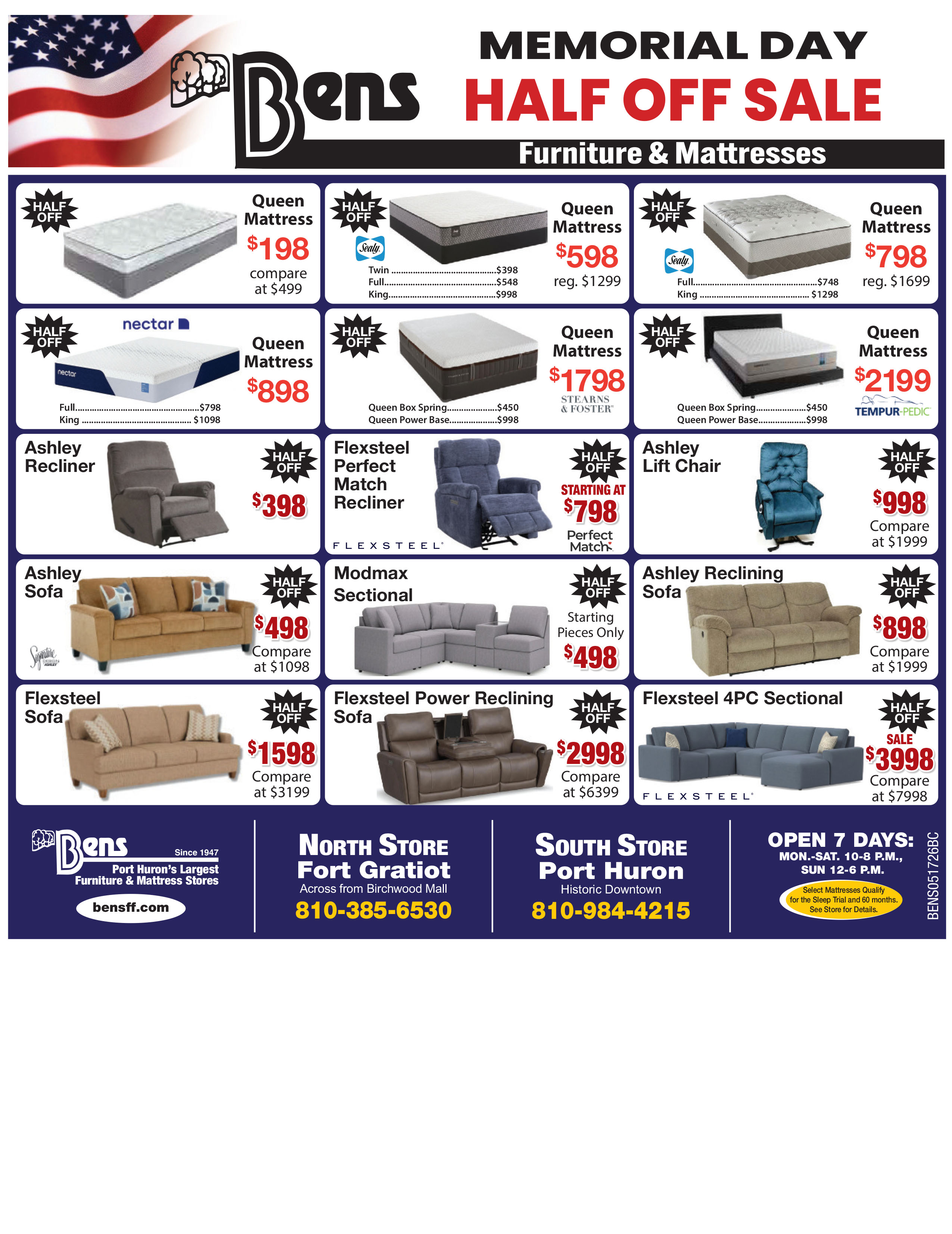 Ben's Memorial Day Half Off Sale - Furniture & Mattresses
