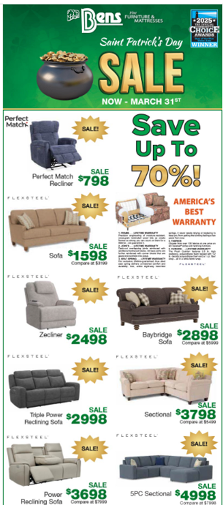 Ben's St Patricks Day Sale - furniture and mattresses - March 2-31