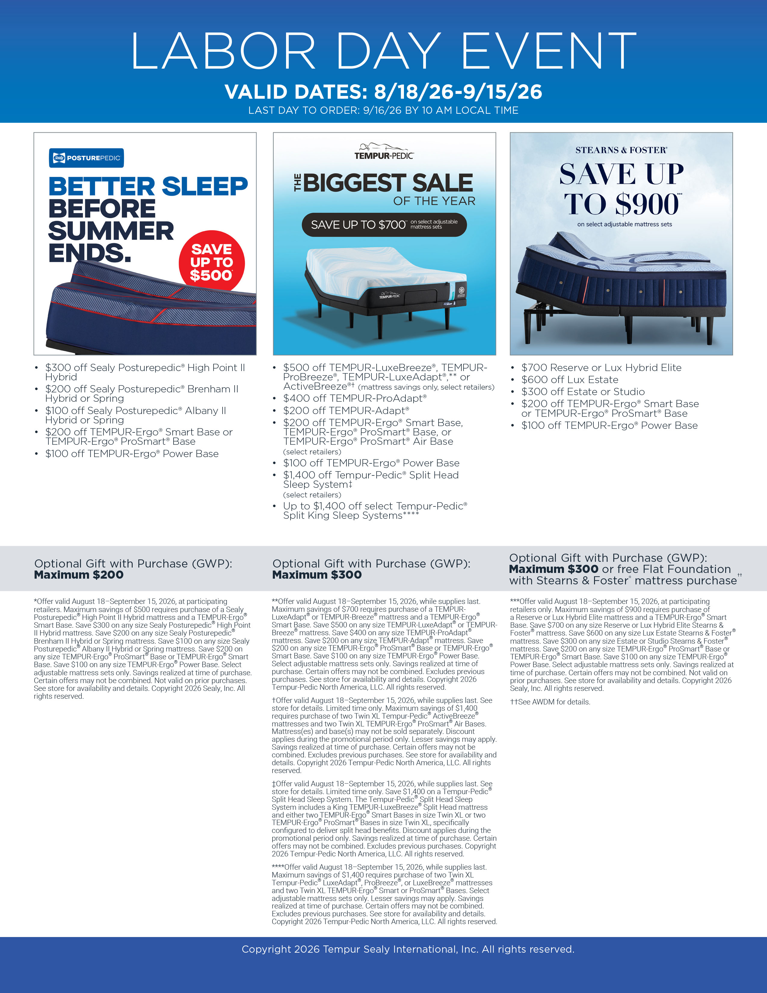 Sealy, Tempur-Pedic, Stearns & Foster Labor Day EVENT! Save up to $900* on select adjustable mattress sets.