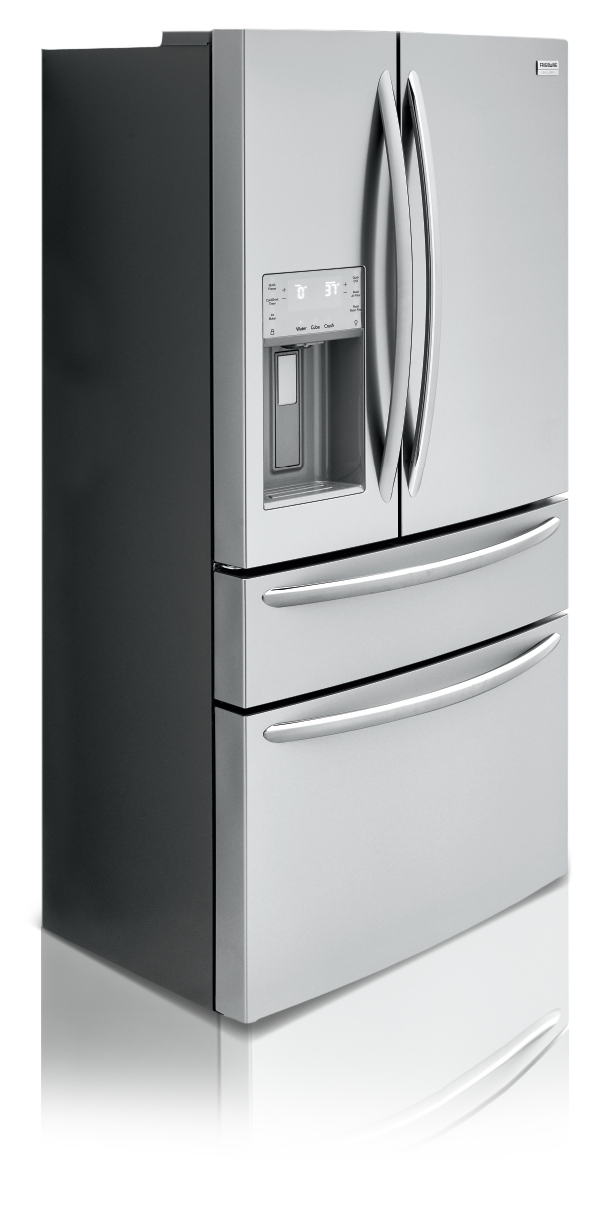 Stainless Steel Frigidaire French door, 2 drawer refrigerator at angle to right