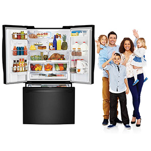 Black french door refrigerator with the doors open full of food with large family