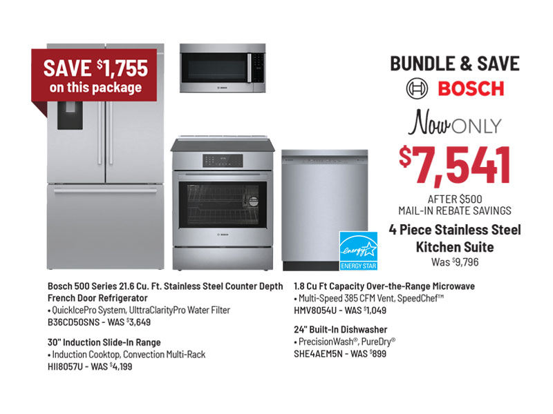 Bundle & Save - Bosch - 4 Piece Stainless Steel Kitchen Suite Was $9,796, Now Only $7,741 After $500 Mail-In Rebate Savings