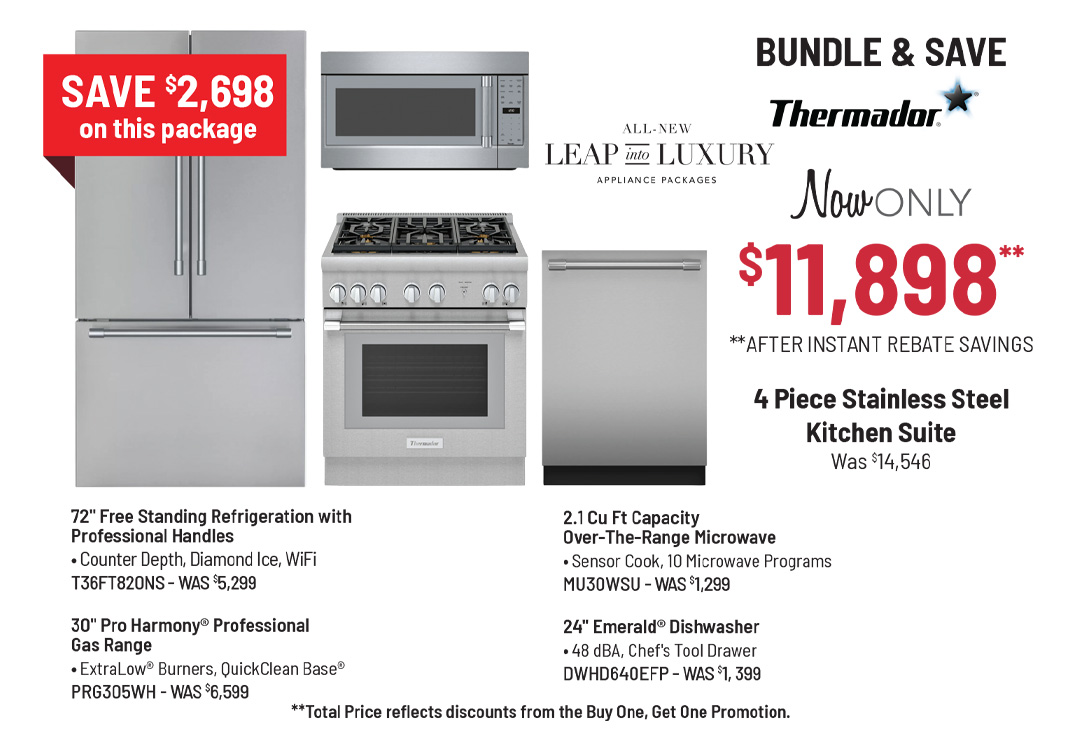 Bundle & Save - Thermador - 4 Piece Stainless Steel Kitchen Suite Was $14,546, Now Only $11,898* *After Instant Rebate Savings