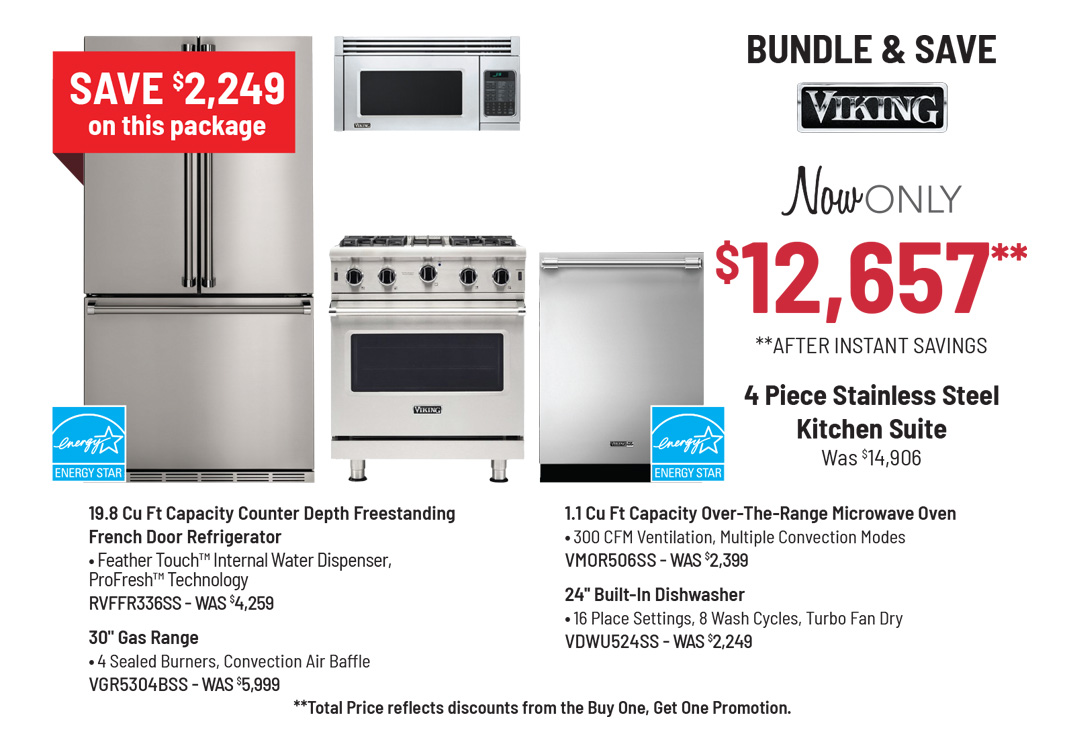 Bundle & Save - Viking - 4 Piece Stainless Steel Kitchen Suite Was $14,906, Now Only $12,657* *After Instant Savings