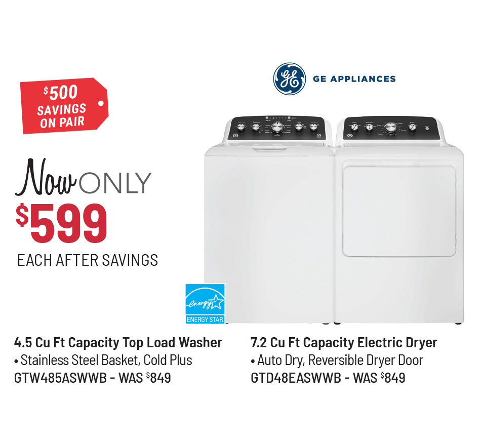 GE Appliances Washer & Model MED6500MBK Dryer Was $849 Each, Now Only $599 Each After Savings. $500 Savings on the Pair.