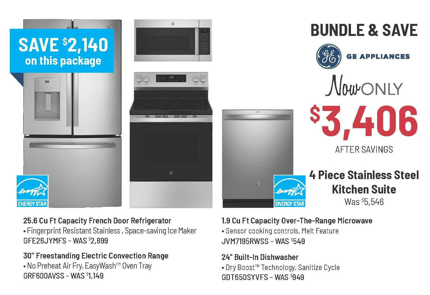 Bundle & Save - GE Appliances - 4 Piece Stainless Steel Kitchen Suite Was $5,546, Now Only $3,546 After Savings