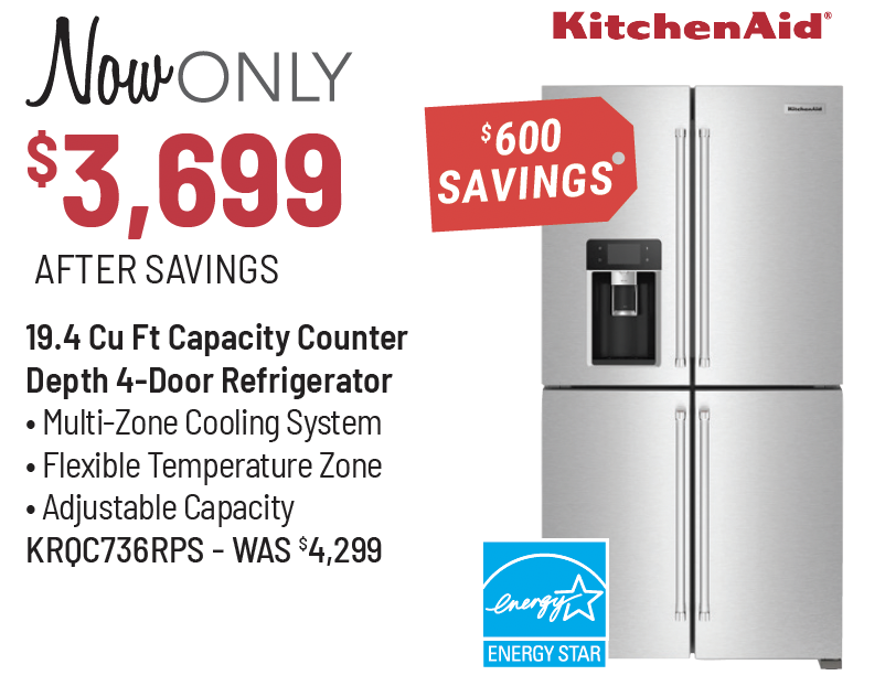 KitchenAid® 36 in. 19.4 Cu. Ft. Fingerprint Resistant Stainless Steel Counter Depth French Door Refrigerator