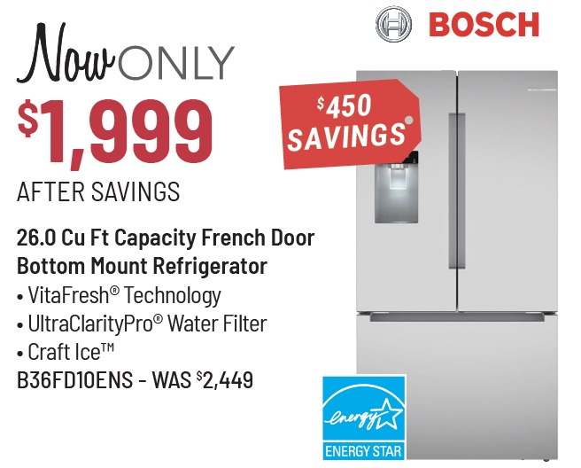 Bosch® 100 Series 36 in. 26.0 Cu. Ft. Stainless Steel French Door Refrigerator
