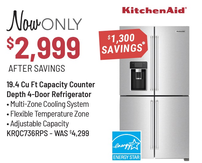 KitchenAid® 36-in. 19.4 Cu. Ft. Fingerprint Resistant Stainless Steel Counter Depth French Door Refrigerator