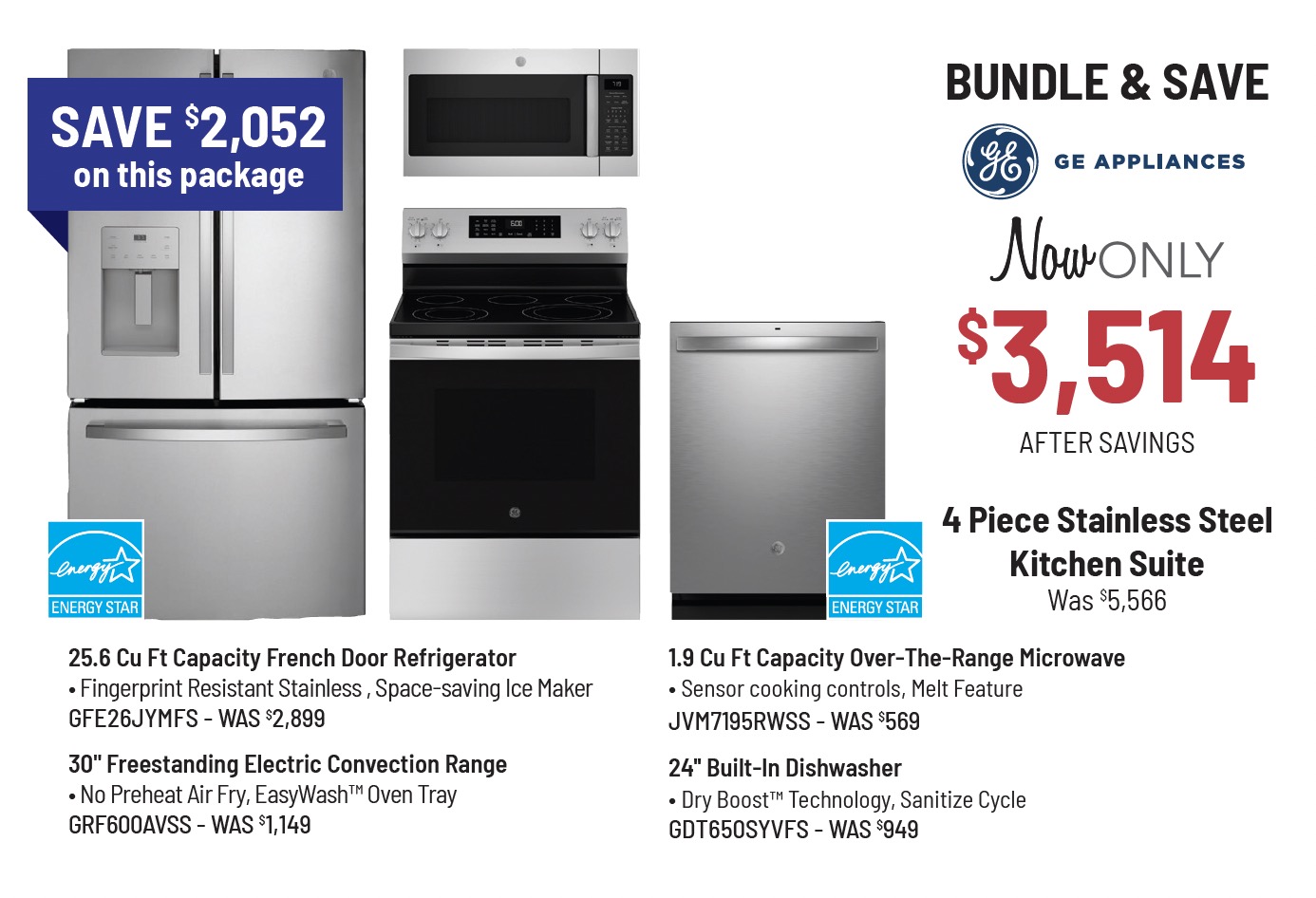 Bundle & Save - GE Appliances - 4 Piece Stainless Steel Kitchen Suite Was $5,546, Now Only $3,546 After Savings