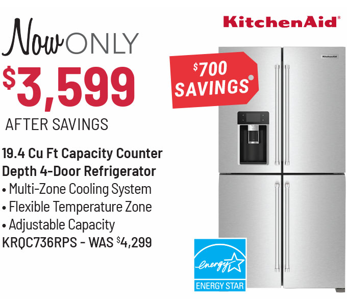 KitchenAid® 36 in. 19.4 Cu. Ft. Fingerprint Resistant Stainless Steel Counter Depth French Door Refrigerator