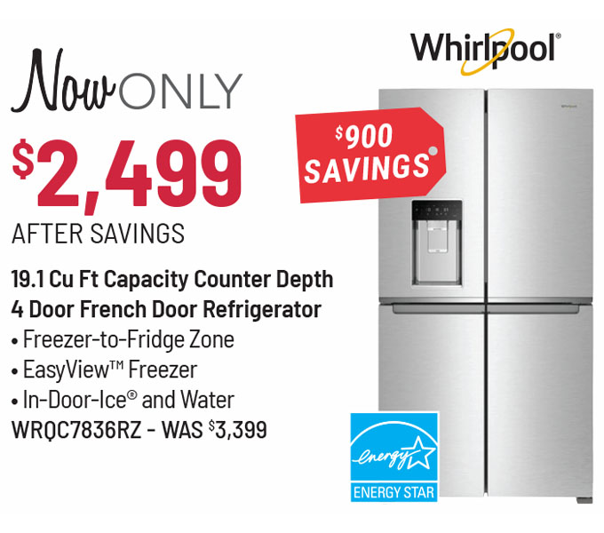 Whirlpool® 36 in. 19.1 Cu. Ft. Fingerprint Resistant Stainless Steel Counter Depth French Door Refrigerator