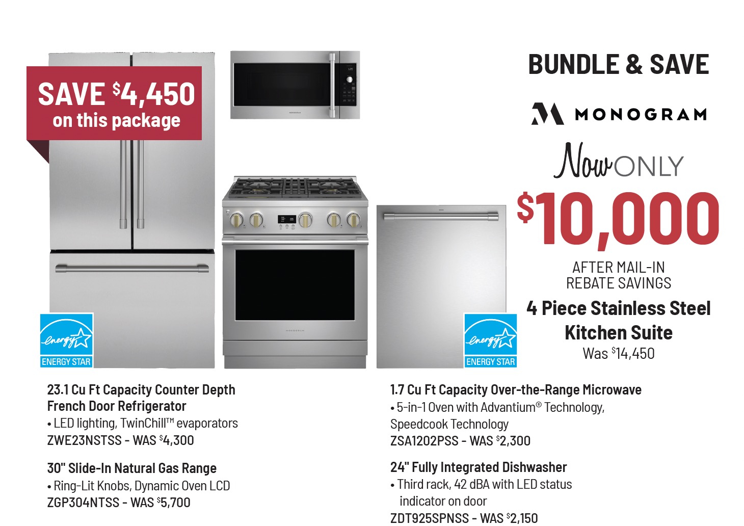 Bundle & Save - Monogram - 4 Piece Stainless Steel Kitchen Suite Was $14,000, Now Only $9,900* *After Mail-in Rebate Savings