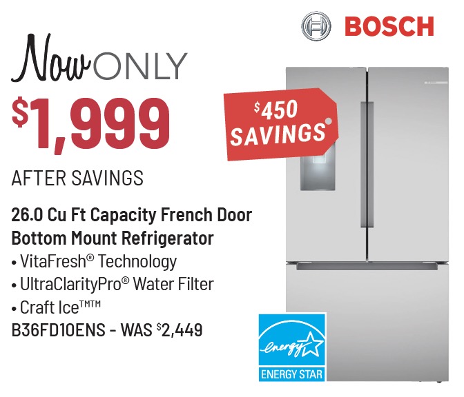 Bosch 100 Series 36 in. 26.0 Cu. Ft. Stainless Steel French Door Refrigerator - now only $1,999
