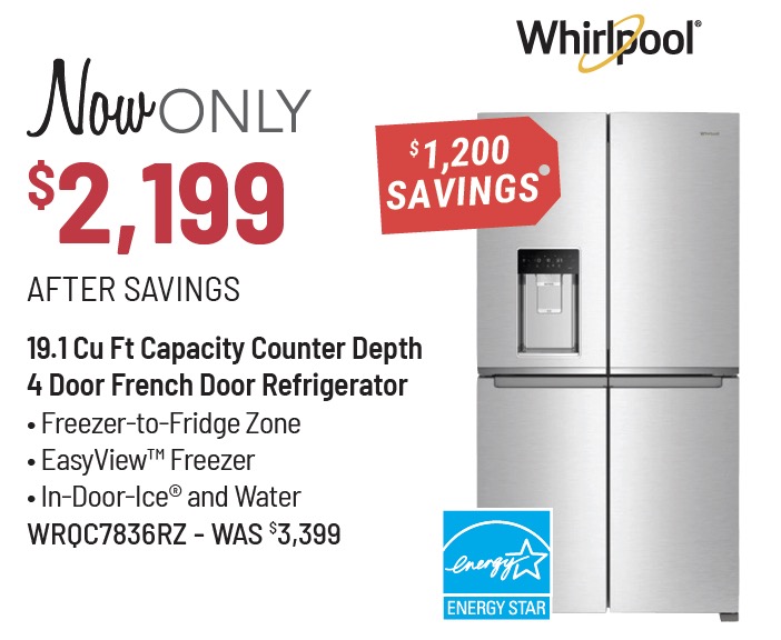 Whirlpool® 36 in. 19.1 Cu. Ft. Fingerprint Resistant Stainless Steel Counter Depth French Door Refrigerator - now only $2,199