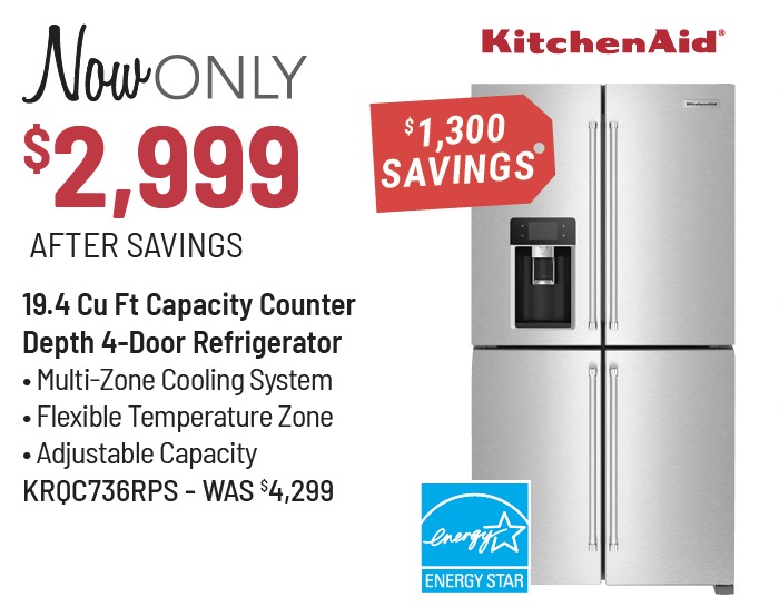 KitchenAid® 36 in. 19.4 Cu. Ft. Fingerprint Resistant Stainless Steel Counter Depth French Door Refrigerator - now only $2,999