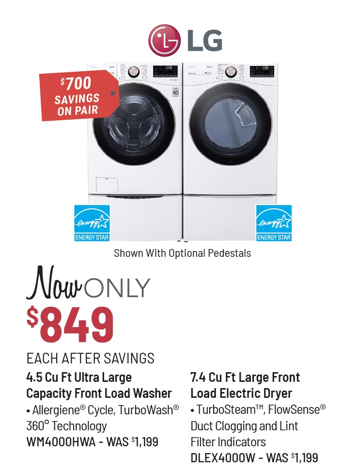 LG White Front Load Laundry Pair - now only $849 each