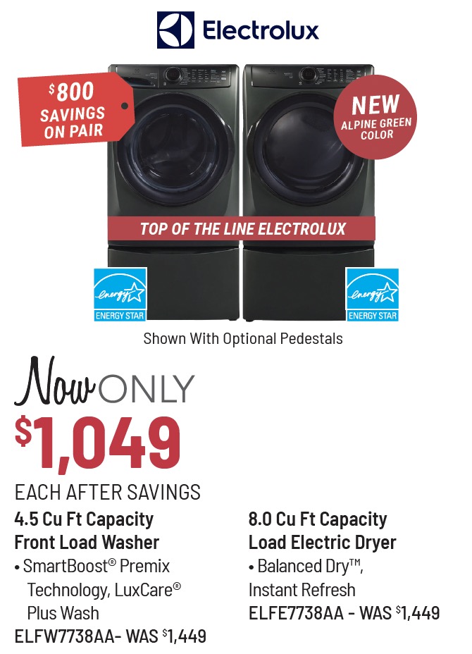 Electrolux 700 Series Alpine Green Front Load Laundry Pair with Electric Dryer - now only $1,049 each