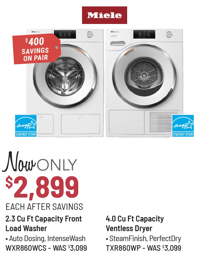 Miele Front Load White Laundry Pair with WXR860WCS 24 in. Compact Washer and TXR860WP 24 in. Electric Dryer now only $2,899 each