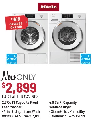 Miele Model WXR860WCS Washer & Model TXR860WP Dryer Was $2,749 Each, Now Only $2,449 Each After Savings. $600 Savings on the Pair.