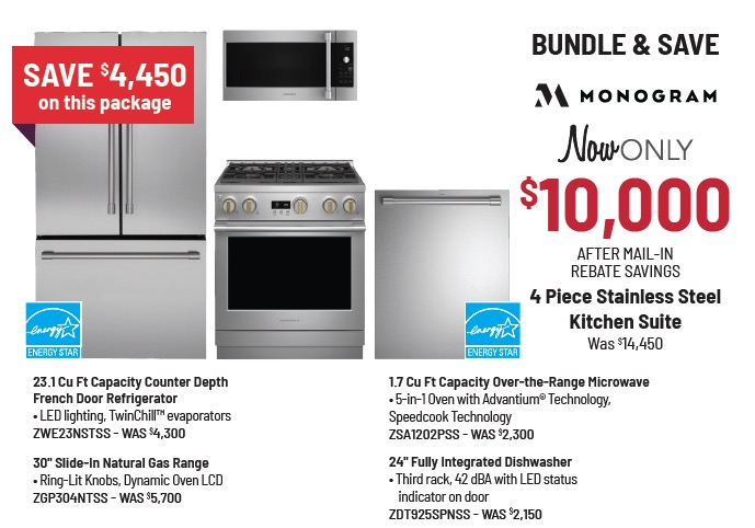Bundle & Save - Monogram - 4 Piece Stainless Steel Kitchen Suite Was $14,000, Now Only $9,900* *After Mail-in Rebate Savings