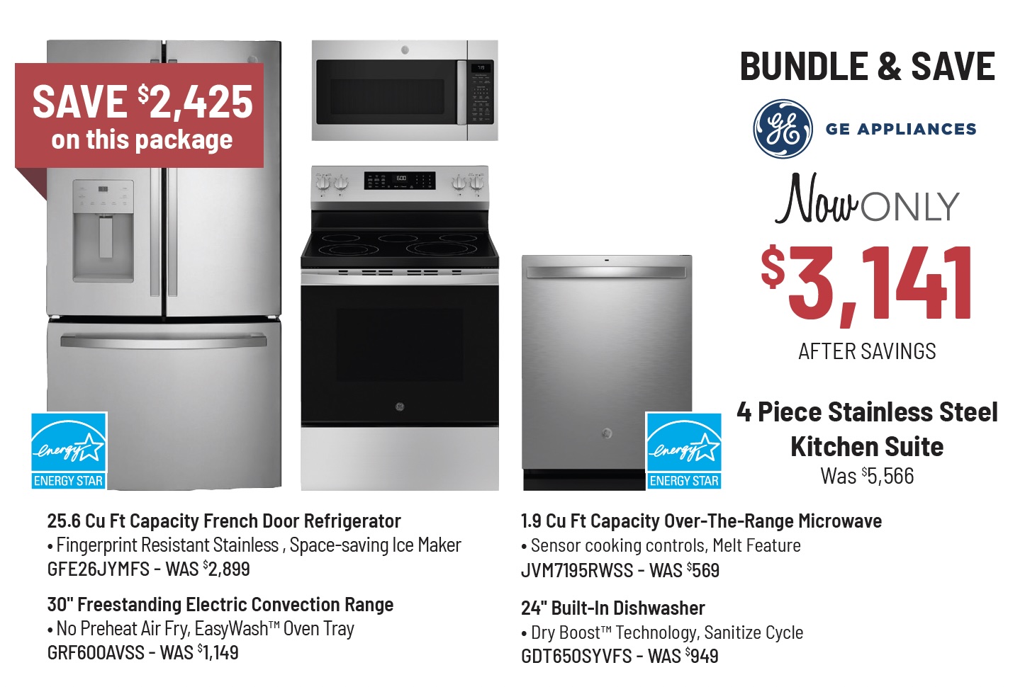 Bundle & Save - GE Appliances - 4 Piece Stainless Steel Kitchen Suite Was $5,546, Now Only $3,546 After Savings