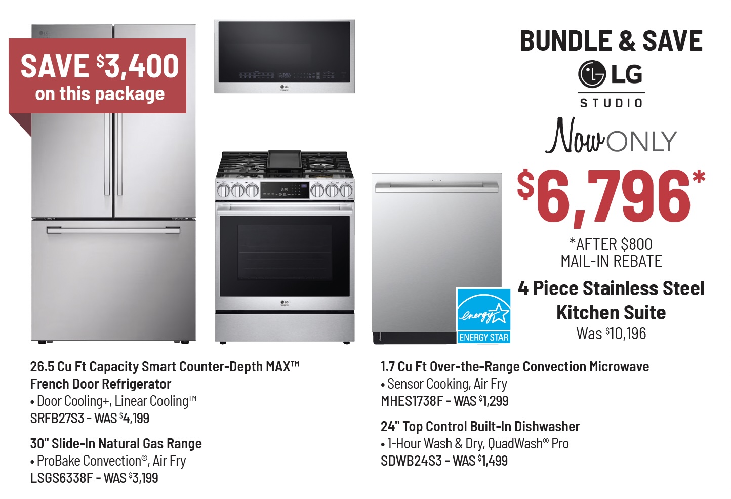Bundle & Save - LG Studio - 4 Piece Stainless Steel Kitchen Suite Was $8,396, Now Only $5,996 After $500 Mail-In Rebate Savings