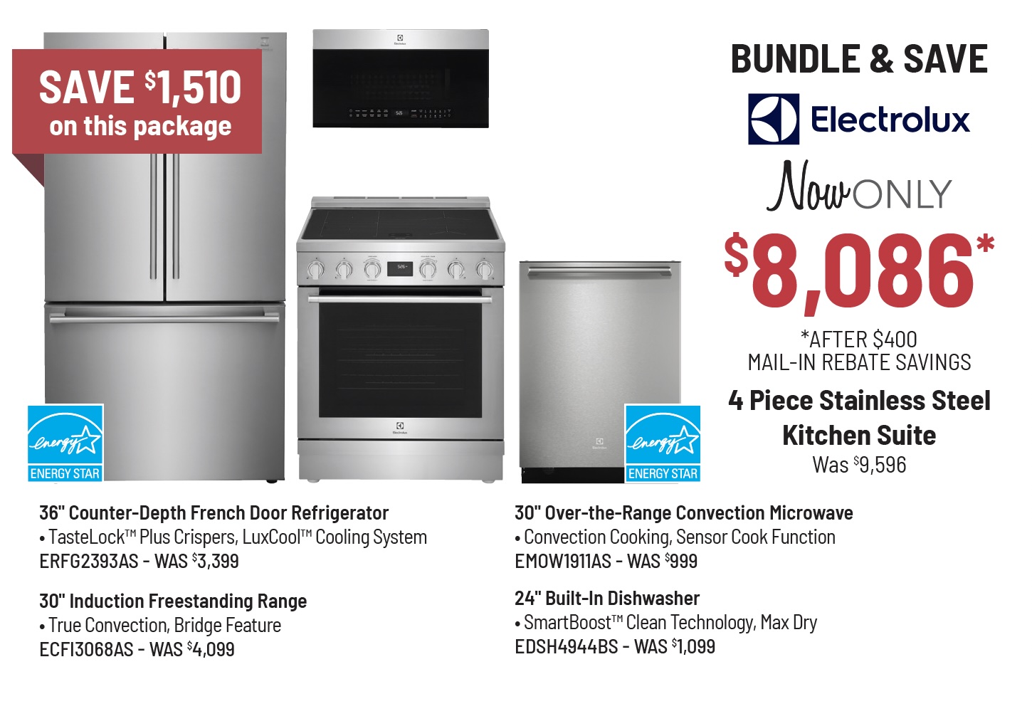 Bundle & Save - Electrolux - 4 Piece Stainless Steel Kitchen Suite Only $7,687 After Savings
