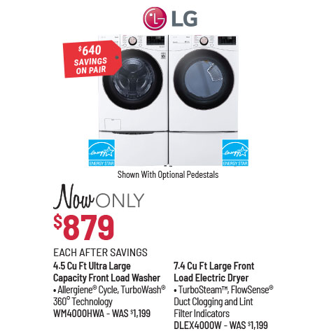 LG 4.5 Cu Ft Ultra Large Capacity Front Load Washer & 7.4 Cu Ft Large Front Load Electric Dryer Laundry Pair
