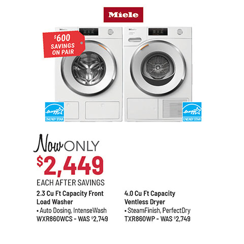 Miele 2.3 Cu Ft Capacity Front Load Washer & 4.0 Cu Ft Capacity Ventless Dryer Laundry Pair.