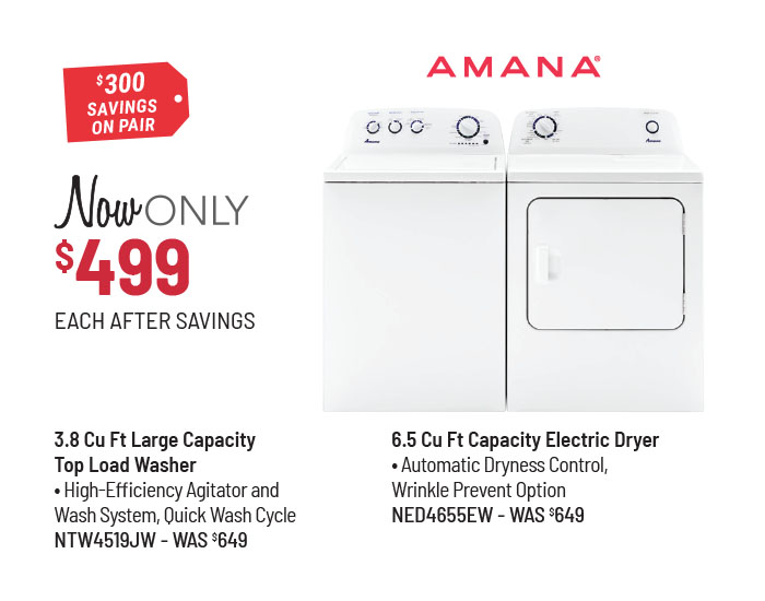 Amana® 3.8 Cu Ft Large Capacity Top Load Washer & 6.5 Cu Ft Capacity Electric Dryer Laundry Pair