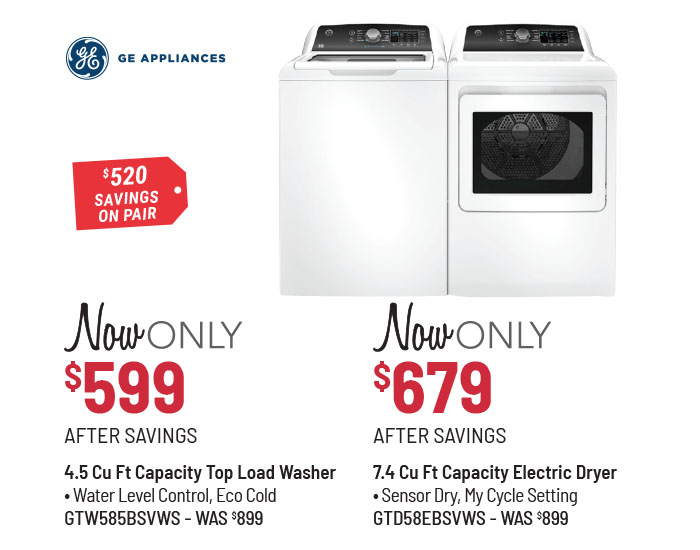 GE Appliances 4.5 Cu Ft Capacity Top Load Washer & 7.4 Cu Ft Capacity Electric Dryer Laundry Pair.