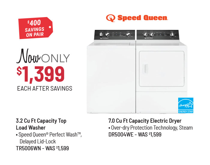 Speed Queen 3.2 Cu Ft Capacity Top Load Washer & 7.0 Cu Ft Capacity Electric Dryer Laundry Pair.