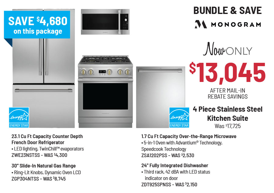Bundle & Save - Monogram - 4 Piece Stainless Steel Kitchen Suite Was $17,725, Now Only $13,045 After Mail-In Rebate Savings.