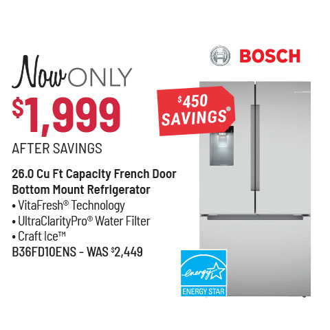 Bosch® 26.0 Cu Ft Capacity French Door Bottom Mount Refrigerator