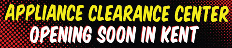 Wide black promotional banner with bold yellow text reading Appliance Clearance Center on the left, and white and red text on the right reading “Opening Soon in Kent,” with red halftone dot accents across the background.