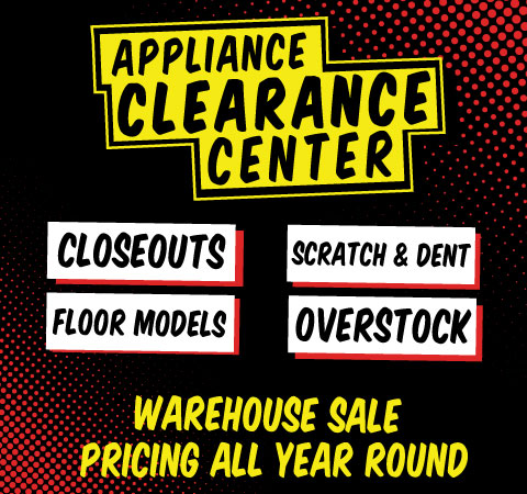 Bold promotional banner with a black background and red halftone dots. Large yellow text reads “Appliance Clearance Center.” Additional labels say “Closeouts,” “Scratch & Dent,” “Floor Models,” and “Overstock.” Text on the right states: “Warehouse sale pricing all year round.”