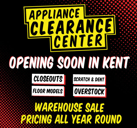 Wide promotional graphic with a red-and-black dotted background. Large yellow and black sign on the left reads “Appliance Clearance Center.” Below it, white text says “Opening Soon in Kent.” On the right, white labels list “Closeouts,” “Scratch & Dent,” “Floor Models,” and “Overstock.” Large yellow text at the bottom right reads “Warehouse Sale Pricing All Year Round.”