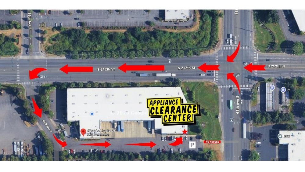 Aerial map showing directions to Albert Lee Appliance Kent Clearance Center located off S 212th St and 68th Ave S. Red arrows indicate traffic flow along S 212th St and the turn into the parking lot, with a marked “No Access” area and a star highlighting the entrance near the front of the building.