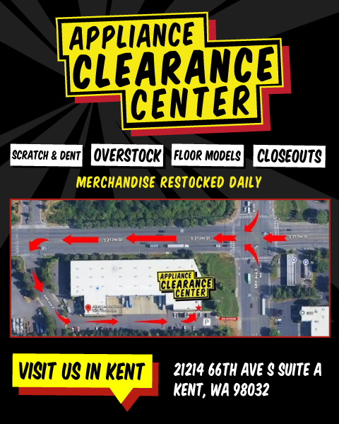 Promotional banner for Albert Lee Kent Appliance Clearance Center featuring bold yellow text and a map showing the location at 21214 66th Avenue South Suite A, Kent, WA 98032. Text highlights scratch and dent items, overstock, floor models, and closeouts with merchandise restocked daily, and includes directions to visit the store in Kent.