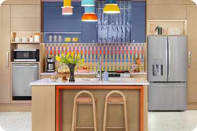 Modern brightly colored GE kitchen suite lifestyle.