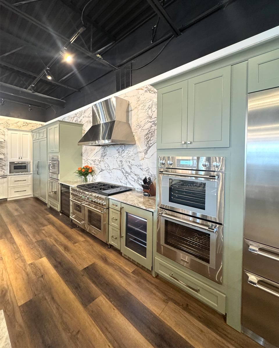 View of a luxury stainless steel appliance package in the Shuee’s showroom
