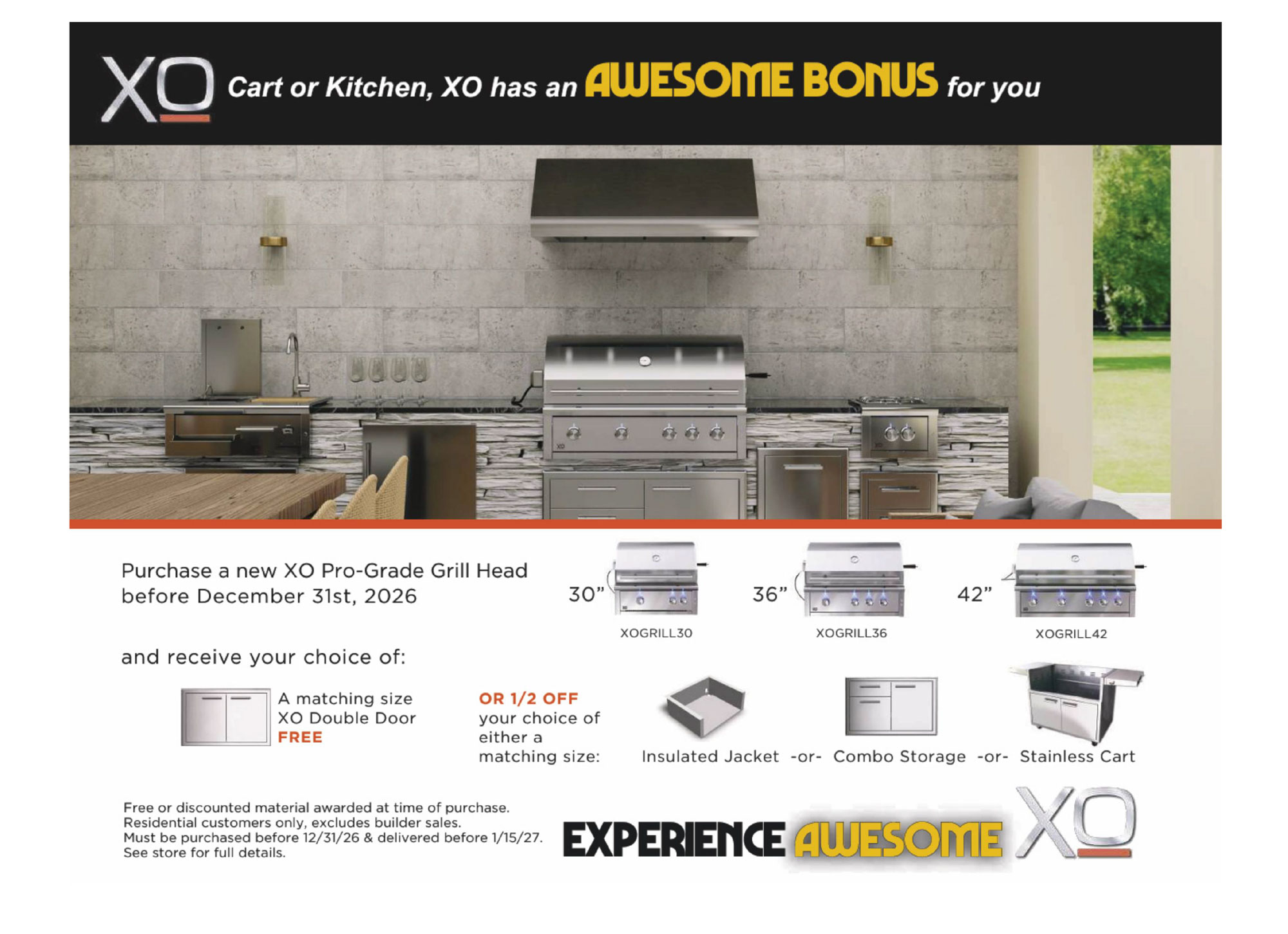 XO Cart or Kitchen, XO has an Awesome Bonus for you - Purchase a new XO Pro-Grade Grill Head before December 31st, 2026 and receive your choice of a variety of items