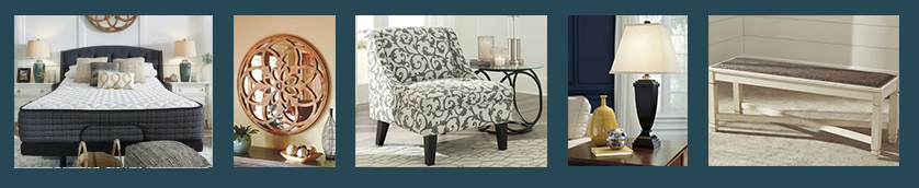 A bed, a mirror, a chair, a lamp, and a bench