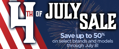 A wide promotional website banner advertising a 4th of July Sale. The banner features a deep blue background framed on both the far left and far right sides by diagonal red and white patriotic stripes. On the left side, the words '4TH OF JULY SALE' are written in massive, bold white block letters with a dark drop shadow, except for the 'TH' which is highlighted in red. To the right of the main heading, a faint golden firework explosion is visible in the background, overlaid with light blue text that reads 'Save up to 50%' in a large font, followed by 'on select brands and models through July 8!' in smaller text below it.
