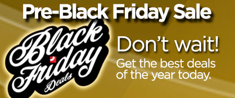Banner reading ‘Pre-Black Friday Sale’ in bold white letters on a gold background. Below, smaller text says ‘Don’t wait! Get the best deals of the year today.’ On both sides of the banner are stylized ‘Black Friday Deals’ logos in black and white.