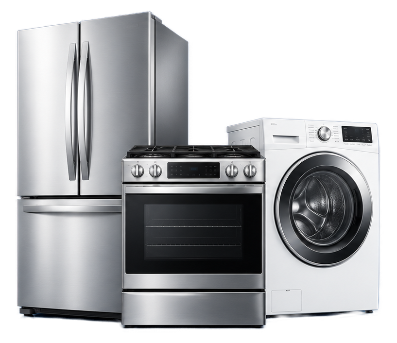 Stainless steel French door refrigerator, gas range, and white front-load washer